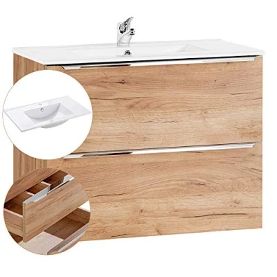 Abbildung von Lomadox Badmöbel Waschtisch mit Unterschrank Set, Wotaneiche, 81cm Keramik Waschbecken, 2 Softclose Schubkästen, B/H/T ca, 81/61/46 cm