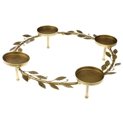 Abbildung von Macosa Home Adventskranz Tischdeko Landhaus Advent Weihnachtsdeko Metallkranz Kerzenkranz, Blätter Gold 40 cm Adventsgesteck 4 Kerzenhalter