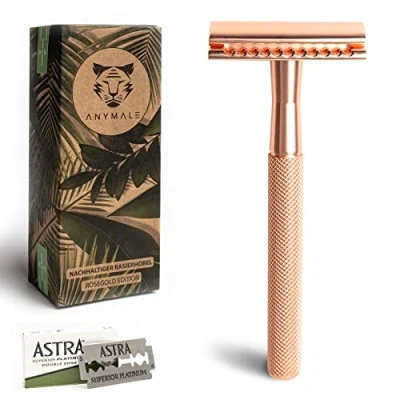 Abbildung von ANYMALE® Rasierhobel Rosegold Edition inklusive 5 ASTRA Klingen Plastikfreier Damen Rasierer aus Metall