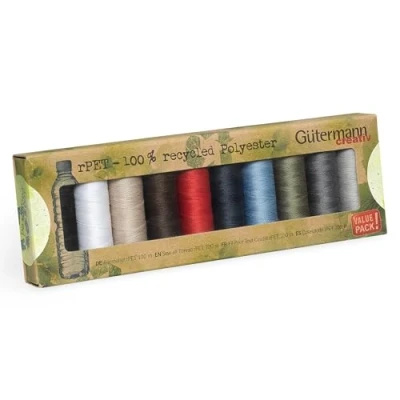 Abbildung von Gütermann creativ Nähfaden Set rPET mit 10 Spulen Allesnäher 100 m aus Prozent recyceltem Polyester in verschiedenen Farben