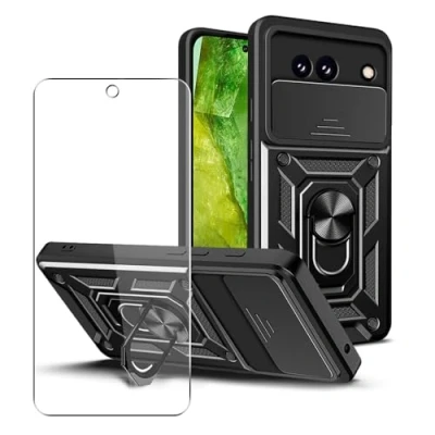 Abbildung von SDTEK Hülle Für Google Pixel 8a Handyhülle Kameraobjektivschutz, Ständer, Magnetringhalter Glas Displayschutzfolie (Schwarz)