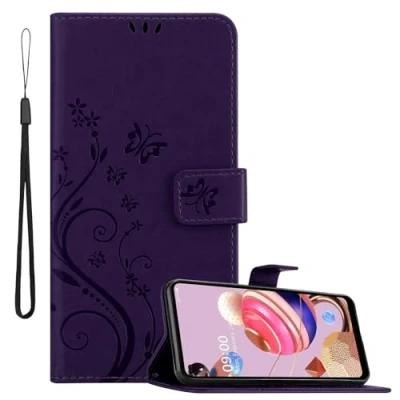 Abbildung von Cadorabo Hülle kompatibel mit LG K51S Blumen Design aus Premium Kunst Leder Flip Klappbare Stoßfeste Magnetische [Standfunktion] [Kartenfächern] Cover Case für Tasche in Lila