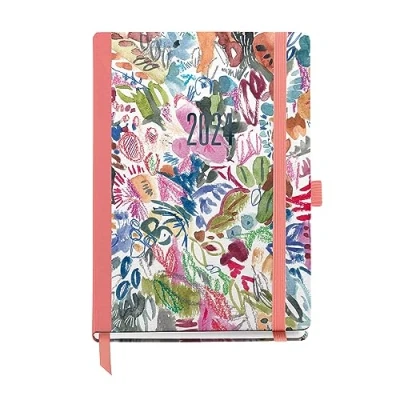 Abbildung von Miquelrius Jahreskalender 2024, Tagesansicht, Größe Journal 122 x 168 mm, fester Einband, genähter Gummiverschluss, Spanisch, Englisch und Portugiesisch, Aquarell mit blauer Prägung
