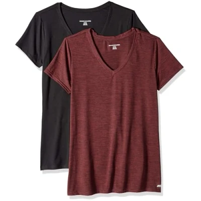 Abbildung von Amazon Essentials Damen Tech Stretch T Shirt mit kurzen Ärmeln und V Ausschnitt (erhältlich in Übergröße), 2er Pack, Burgunderrot Space dye/Schwarz, XL
