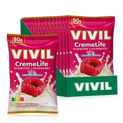 Abbildung von VIVIL Creme Life Himbeere, 15 Beutel, fruchtige Sahnebonbons mit Himbeergeschmack, zuckerfrei &amp; glutenfrei, x 90g