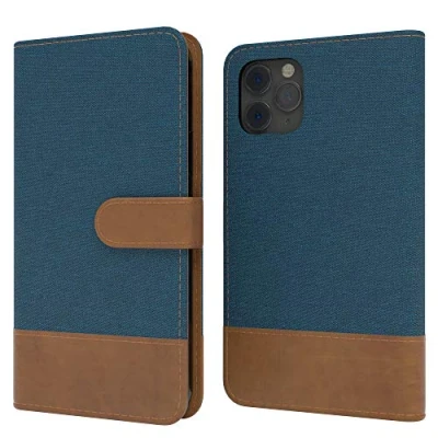 Abbildung von EAZY CASE Tasche kompatibel mit iPhone 11 Pro Stoff Schutzhülle Standfunktion Klapphülle im Bookstyle, Handytasche Handyhülle Magnetverschluss und Kartenfach, Kunstleder, Dunkel Blau