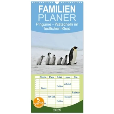 Abbildung von Familienplaner 2025 Pinguine Watscheln im festlichen Kleid mit 5 Spalten (Wandkalender, 21 cm x 45 cm), CALVENDO