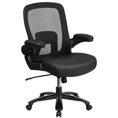 Abbildung von Flash Furniture Hercules Big and Tall Chefsessel mit Sitz und höhenverstellbarer Lendenwirbelstütze, Metall, Schwarz, Leder/Mesh, 80 x 73 41,9 cm