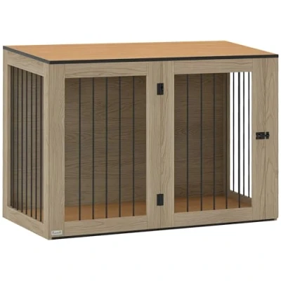 Abbildung von Hundekäfig Möbel, Hundebox mit Tür und Fenster, Beistelltisch für Zuhause Eiche