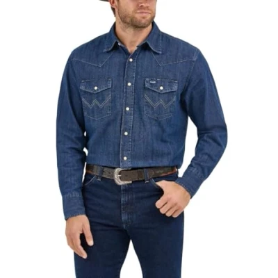 Abbildung von Wrangler Herren Westernhemd mit Cowboy Schnitt, langärmelig, Druckknöpfen, verwaschenes Finish Hemd, Dunkles Denim, XL