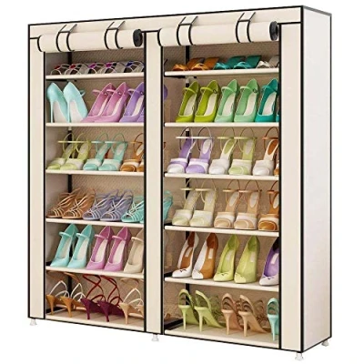 Abbildung von BAKAJI Platzsparender Schuhschrank, 7 Einlegeböden, 115 x 30 110 cm, bis zu 36 Paar Schuhe, Gestell aus Stahl und Bezug TNT Stoff, wasserdicht, mit Reißverschluss, staubdicht, (beige)