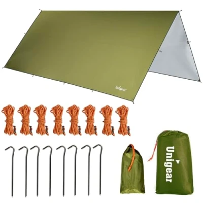 Abbildung von Unigear Tarp 4x4 wasserdicht, Zeltplane für Hängematte mit Ösen + 8 Erdnägel Seilen, Regenschutz Sonnenschutz Ourdoor Camping MEHRWEG