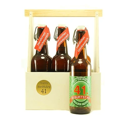 Abbildung von Bier Geschenk 6 er Holz Träger mit Fl. 41. Geburtstag