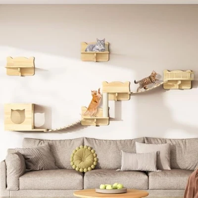 Abbildung von YITAHOME Kletterwand Katzen Set aus Holz, 5 Teiliges Stabiler Katzenmöbel mit Katzenhaus, Katzenbett, Plattform, Sisalsäule, Katzenhängebrücke, für Katze Schlafen Spielen Lounging