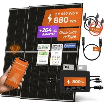 Abbildung von Solarway® 880W Balkonkraftwerk 800W komplett Steckdose neuester 800 Watt Wechselrichter Solaranlage Komplettset 440W bifaziale Solarmodule &amp; Envertech Zubehör