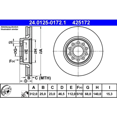 Abbildung von ATE 24.0125 0172.1 Bremsscheibe 312,0 25,0 5 112,0 Belüftet beschichtet hochgekohlt VOLKSWAGEN: Passat B5 GP Variant, Limousine
