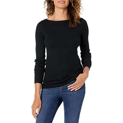 Abbildung von Amazon Essentials Damen Leichter, Gerippter Langarm Pullover mit U Boot Ausschnitt in schmaler Passform, Schwarz, XL