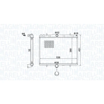 Abbildung von MAGNETI MARELLI 350213151800 Kühler, Motorkühlung 380 538 23 Kühlrippen mechanisch gefügt CITROËN: Jumpy II Kastenwagen, C8, MPV