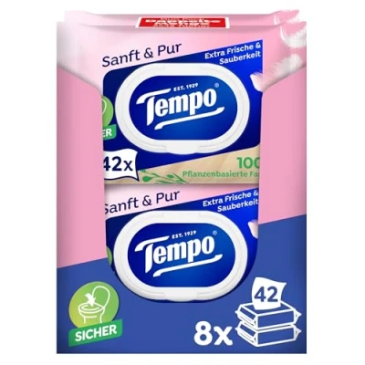 Abbildung von Tempo Feuchte Toilettentücher &quot;Sanft &amp; Pur&quot; Megapack 16 Packungen mit je 42 Tüchern Duo Packs feuchtes Toilettenpapier, dermatologisch getestet und pH hautneutral