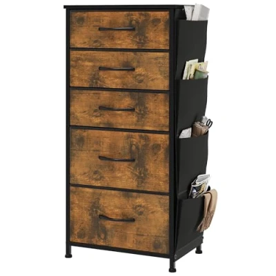 Abbildung von YITAHOME Kommode, 5 Stoffschubladen mit Griffen, Aufbewahrungsschrank, Schubladenschrank, Schrank, Metallgestell, stoffkommode für Schlafzimmer, Wohnzimmer, Flur, Büro, Rotten Holzmaserung