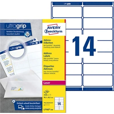 Abbildung von AVERY Zweckform L7163 250 Adressetiketten/Adressaufkleber (3.500 Etiketten mit ultragrip, 99,1x38,1mm auf A4, bedruckbar, selbstklebend, für DIN lang Briefkuverts, Papier matt) Blatt, weiß