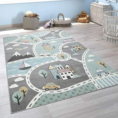 Abbildung von Paco Home Kinder Teppich Mit Straßen Motiv, Spiel Für Kinderzimmer, In Grün Grau, Grösse:80x150 cm