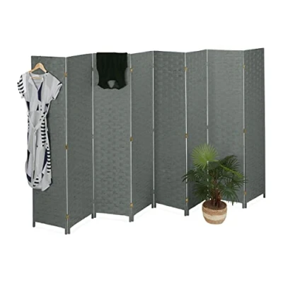 Abbildung von Relaxdays Paravent, 8 teilig, Raumtrenner faltbar, HxB 170x320 cm, Sichtschutz innen, Holz, Papierseil, Trennwand, grau