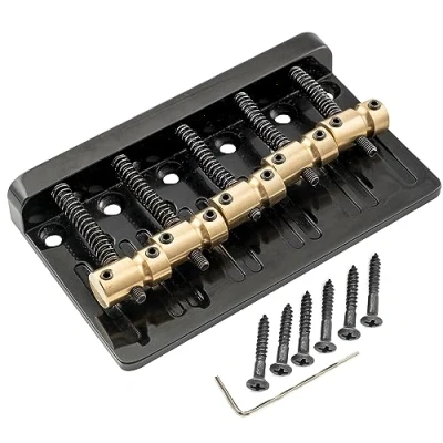 Abbildung von Musiclily Pro 17mm Heavy Duty 5 Saiter Bass Steg Bridge mit Messing Saitenreiter Stahlplatte für Precision/Jazz Bass, Schwarz