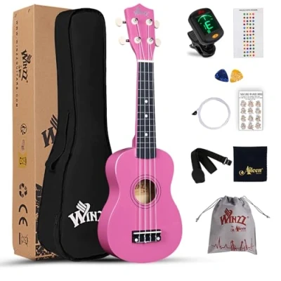 Abbildung von Winzz Sopran Ukulele Starter Kit für Anfänger mit Tasche, Clip On Tuner, Zusätzlichen Saiten, Gurt, Plektron, Griffbrettaufkleber, Akkord Karte, Poliertuch Nelken Rot
