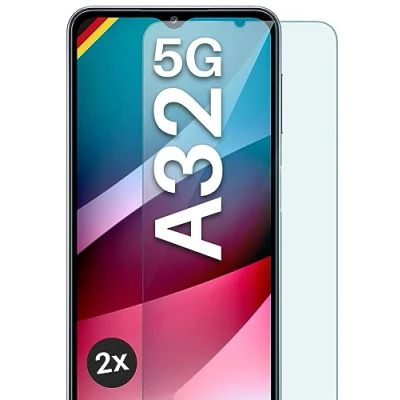Abbildung von moex Panzer Schutz Glas für Samsung Galaxy A32 5G Schutzfolie robust und kratzfest, bruchsichere Panzerfolie Displayschutz, HD Klar Glass Screen Protector, 2x Stück