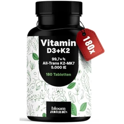 Abbildung von Vitamin D3 K2 5000 IE hochdosiert 180 Tabletten Premium 99,7+% All Trans MK7 produziert in Deutschland