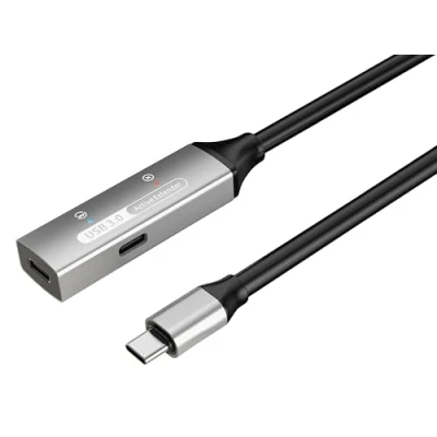 Abbildung von PremiumCord Aktives USB C Verlängerungskabel mit Repeater 5m, Buchse auf Stecker, 3.2 Gen 1 Super Speed 5 Gbit/s, 2x Geschirmt, AWG20/28, Aluminiumgehäuse, Farbe Schwarz, Länge 5m