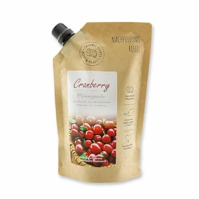 Abbildung von Flüssigseife mit biologischer Schafmilch 500ml im Nachfüll Beutel Duft Cranberry