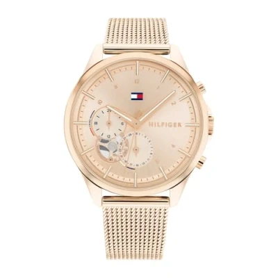 Abbildung von Tommy Hilfiger Multi Zifferblatt Quarz Uhr für Damen mit Rotgoldfarbenes Edelstahl Mesh Gliederarmband 1782486