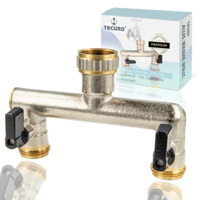 Abbildung von tecuro 2 Wege Verteiler 3/4 Zoll mit x Kugelventil, für Zapfstelle, Messing vernickelt