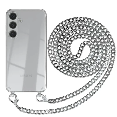 Abbildung von EAZY CASE Handykette kompatibel mit Samsung Galaxy S24 Plus Handyhülle Metall Umhängeband und Ersatz Kordel schwarz, Handykordel Schutzhülle, Kette Smartphone Hülle, Silber