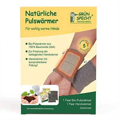 Abbildung von GRÜNSPECHT Natürliche Pulswärmer, 100% Baumwolle (kbA), inkl. 1 Paar Handwärmer, warme Hände unterwegs, Wärmepflaster, Universalgröße, grau, (145 V2)