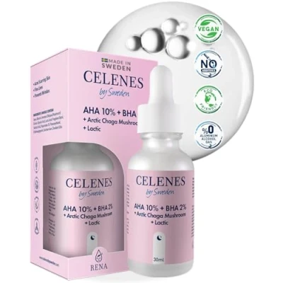 Abbildung von Celenes by Sweden AHA 8% + BHA 2% Arktischer Chaga Pilz &amp; Milchsäure Serum Ohne Duftstoffe, Alkohol und Parabene, für Akneanfällige Haut Exfolierendes Straffendes Nacht Peeling, 30ml