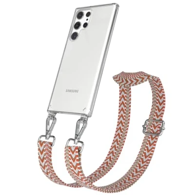 Abbildung von EAZY CASE Handykette Verstellbarer Handyriemen kompatibel mit Samsung Galaxy S22 Ultra, Kette für Phone, dünner Riemen, Taschengurt Hülle, DIY Handyband, Blau/Rot Carabiner Silber