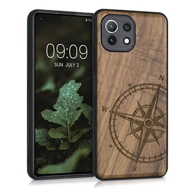 Abbildung von kwmobile Hülle kompatibel mit Xiaomi 11 Lite (5G) NE/Mi Holz Case Handy Cover TPU Handyhülle in Dunkelbraun Kompass Vintage