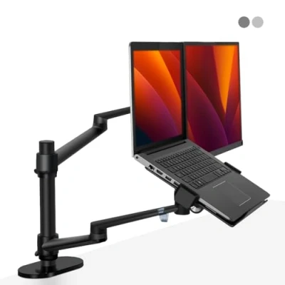 Abbildung von ALBERENZ® 2 in 1 Laptop &amp; Monitorhalterung mit Gasfeder, Verstellbarer Doppelarm Ständer für 12 17&quot; Laptops und 17 32&quot; Monitore, ergonomisches Design, höhenverstellbar neigbar, Farbe Schwarz