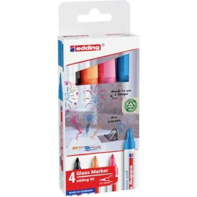 Abbildung von edding 95 Glasmarker bunte Farben 4 Stifte Rundspitze 1,5 3 mm zum Schreiben und Markieren auf Glasoberflächen wie Fenster, Glasboards, Whiteboards trocken abwischbar