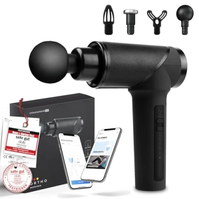 Abbildung von OrthoMechanik® 3.0 OrthoGun ohne Koffer Massagepistole mit App &amp; 4 Aufsätzen 160W Motor 5 Intensitäten für Schmerzlinderung Entspannung Bis zu 360 Min. Laufzeit