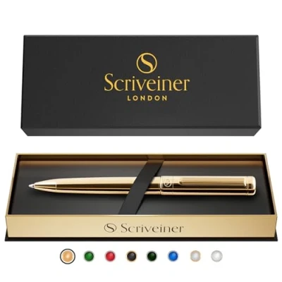 Abbildung von Scriveiner Kugelschreiber Hochwertiger Gold mit 24 Karat Details, schwarze Schmidt Mine, Geschenkbox, Büro set, Schöne Professionelle