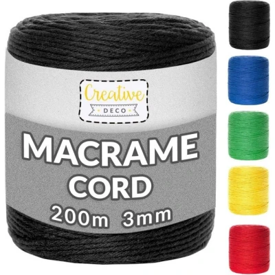 Abbildung von Creative Deco 200m Schwarz Makramee Garn 3mm 656 Fuß 15 lagig Schnur Baumwollgarn Baumwoll Kordel Große Rolle Naturliche Stark Macrame Cord für Basteln, DIY, Handwerk &amp; Boho Deko