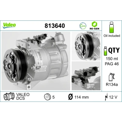 Abbildung von VALEO 813640 Kompressor DCS 12 PAG 46 R 134a mit Kompressoröl AUSTAUSCHTEIL FORD: MONDEO 4 Turnier, S Max Mk1, 4, VOLVO: XC60 I, V70 2