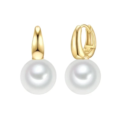 Abbildung von Rafaela Donata Damen Creolen aus 925/ Sterling Silber gelbvergoldet mit Rund Muschelkernperle 12 mm weiß Klappcreolen Perlencreolen Gelbgold