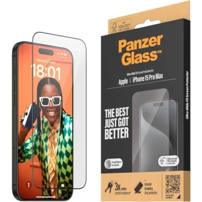 Abbildung von PanzerGlass™ Kratzfester Displayschutz für Apple iPhone 15 Pro Max Ultra Wide Fit und kristallklare Anzeige, Stoßfestigkeit Fallschutz mit Montagehilfe einfache Installation