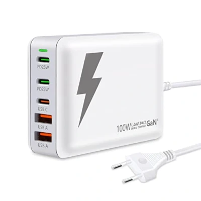 Abbildung von LAMJAD 100W USB C Ladegerät,PD GaN III Netzteil,5 Port Schnellladegerät [3 + 2 A] Kompatibel mit iPhone 14/13/12, iPad Pro, Galaxy S22/S21, Pixel (Weiss)