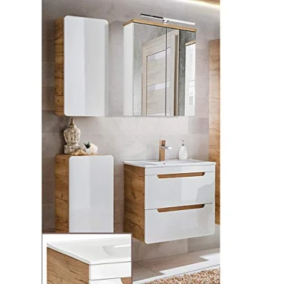 Abbildung von Lomadox Badezimmermöbel Set in Hochglanz weiß mit Wotan Eiche Nb., 60 cm Keramik Waschtisch Unterschrank, LED Spiegelschrank, Unterschrank &amp; Hängeschrank
